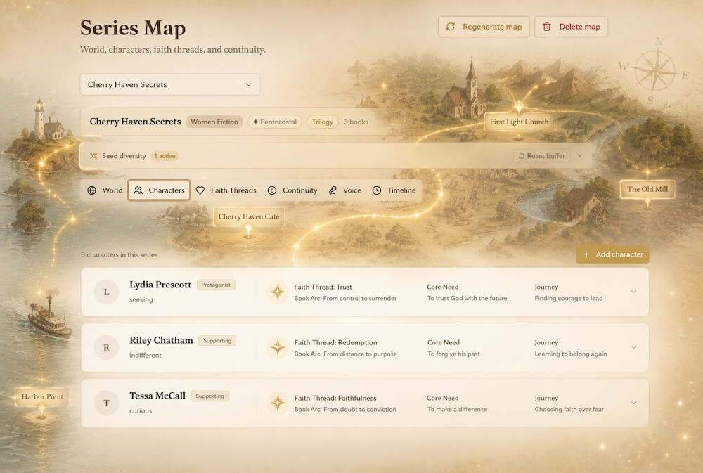 HolyInk AI Series Map tracking characters, world details, and faith threads