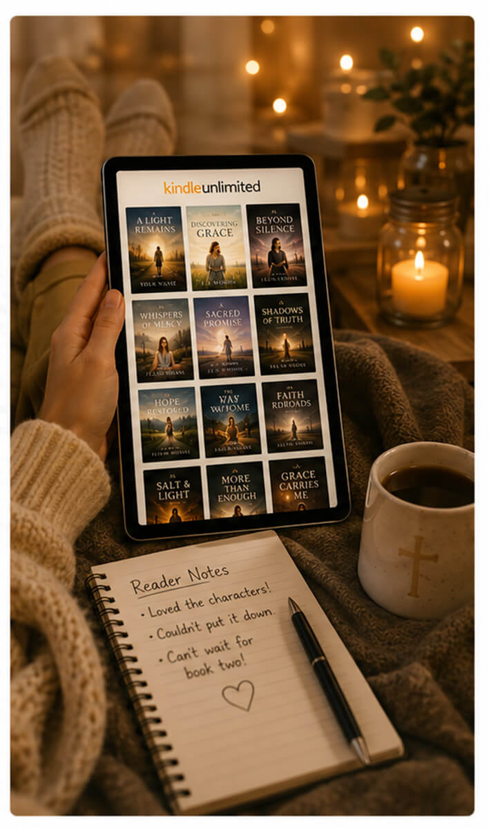A reader enjoying a library of Christian fiction titles on Kindle Unlimited