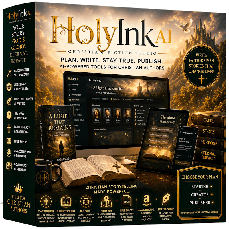 HolyInk AI Christian Fiction Studio product box showing the software interface, book mockups, and feature highlights