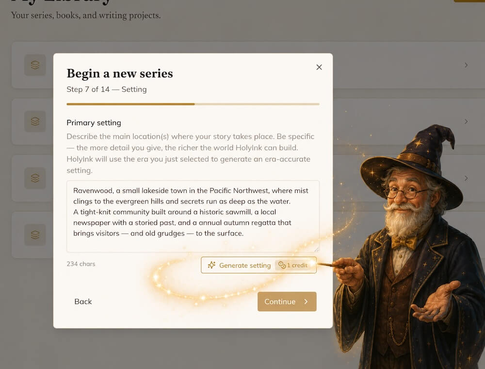 The Muse AI assistant helping generate a primary setting in HolyInk AI