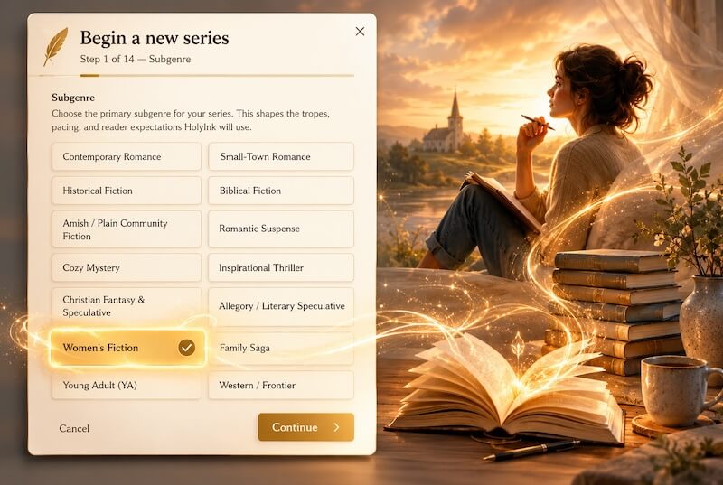 HolyInk AI guided series setup wizard showing subgenre selection