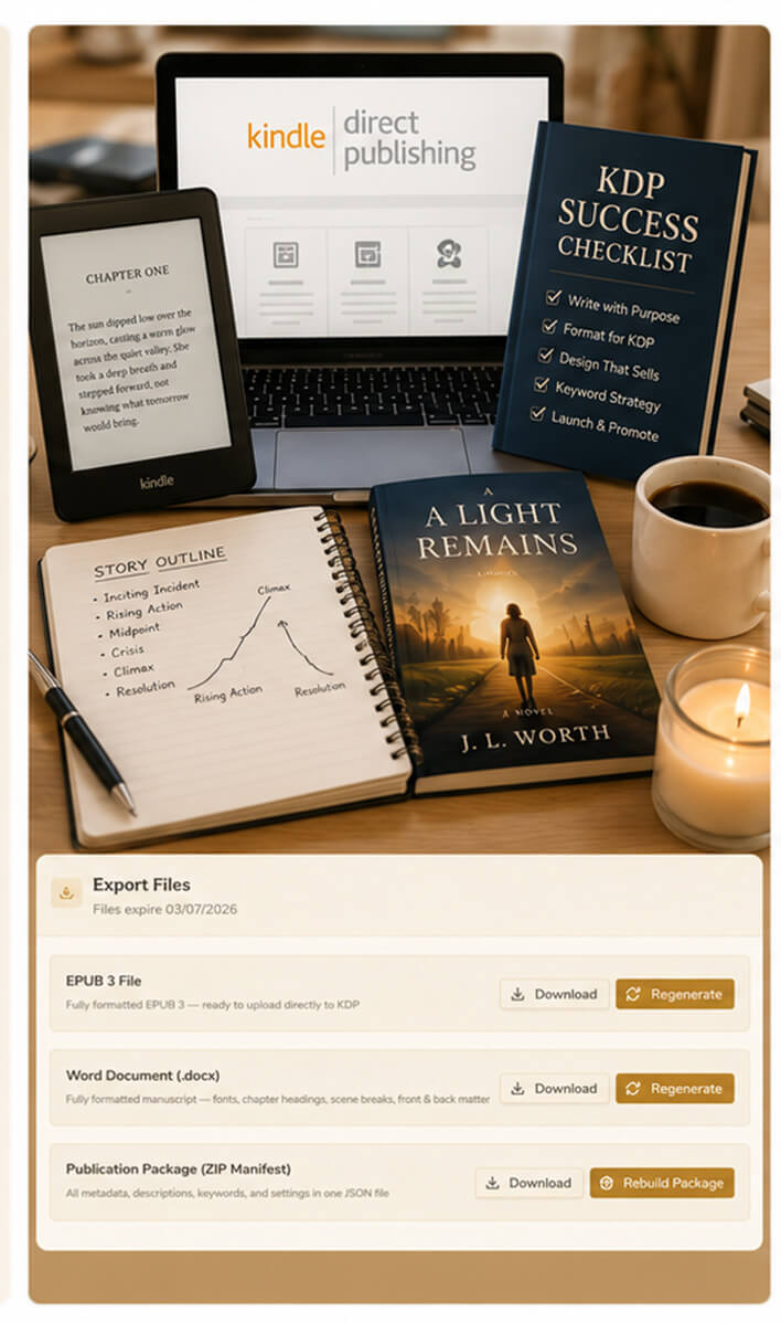 HolyInk AI export files ready for Kindle Direct Publishing, including EPUB and Word formats