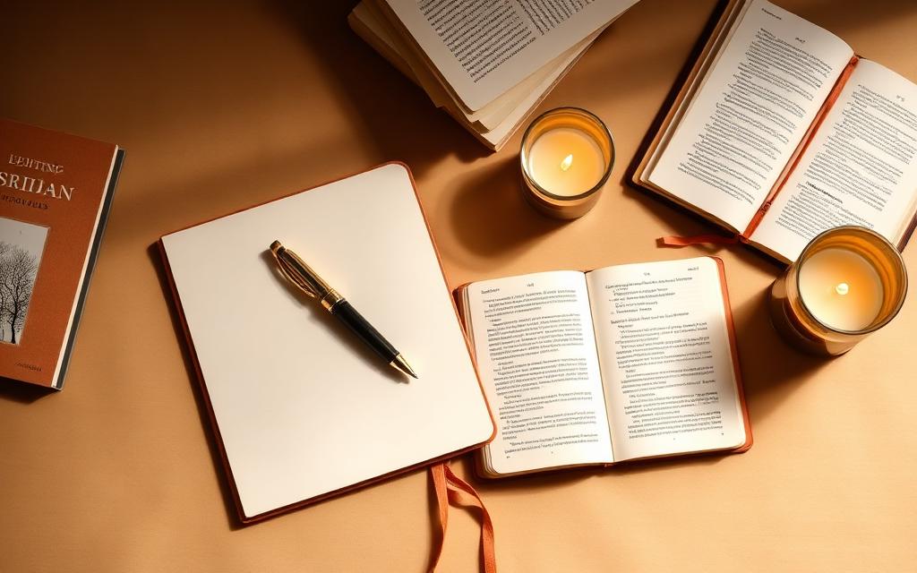 The HolyInk AI faith-writing bonus pack: journal, guidebooks, an open Bible, and candlelight